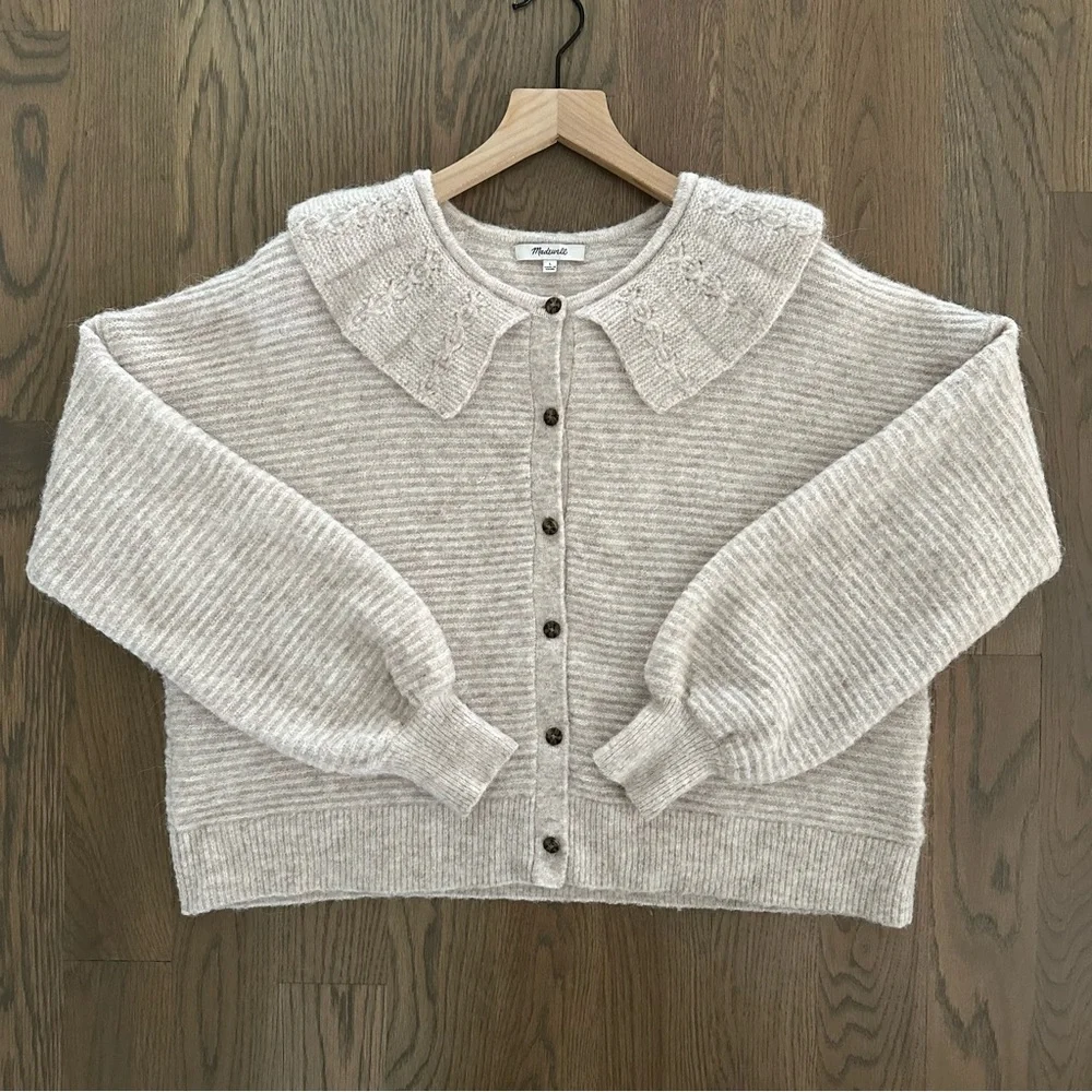 SOLD Madewell Pointelle Collar Sweater Alpaca Wool Cardigan Sweater Cream Large - Picture 1 of 8